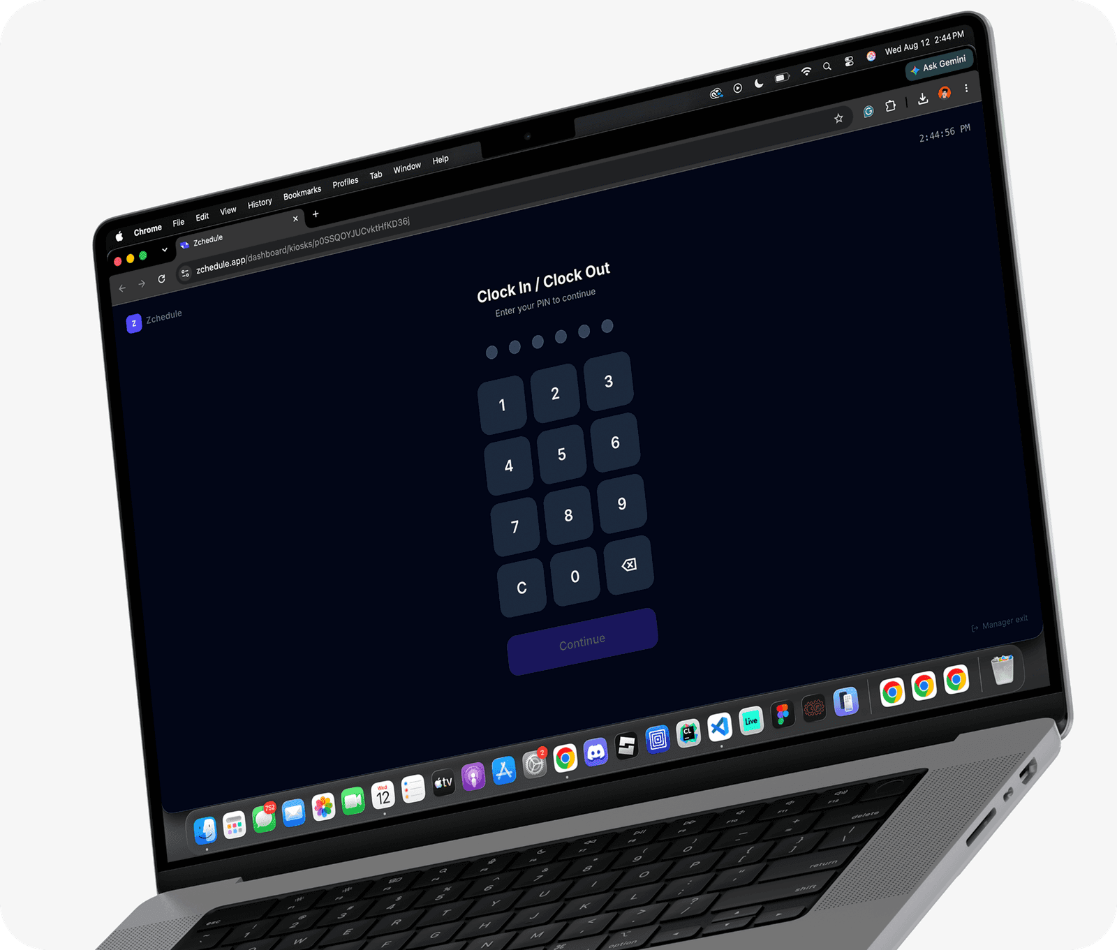 The Zchedule kiosk screen on a shared tablet: a PIN pad for clocking in and out.