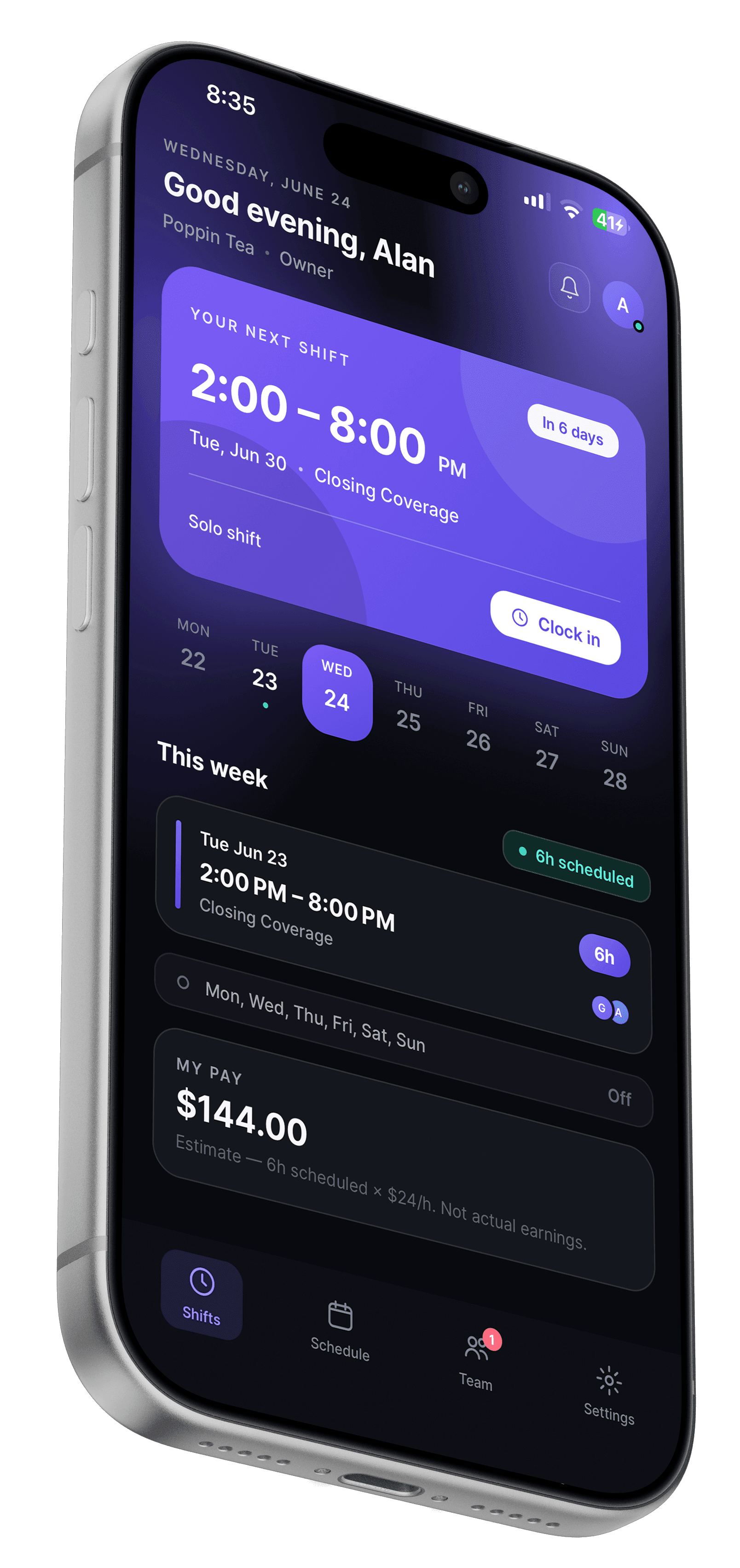 Zchedule employee app showing an upcoming shift and weekly schedule