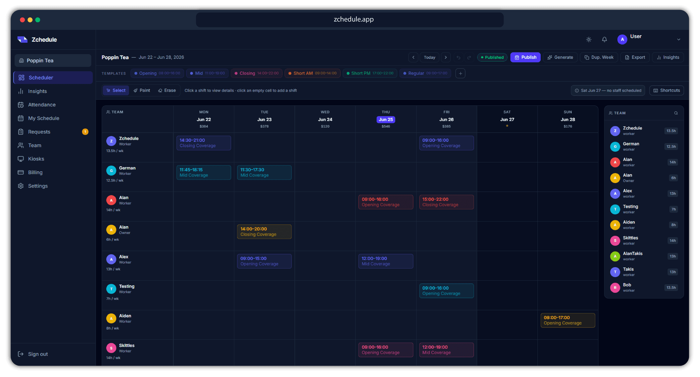 The Zchedule weekly schedule board on the web: opening, mid and closing shifts for every team member, weekly hours and daily labor cost.
