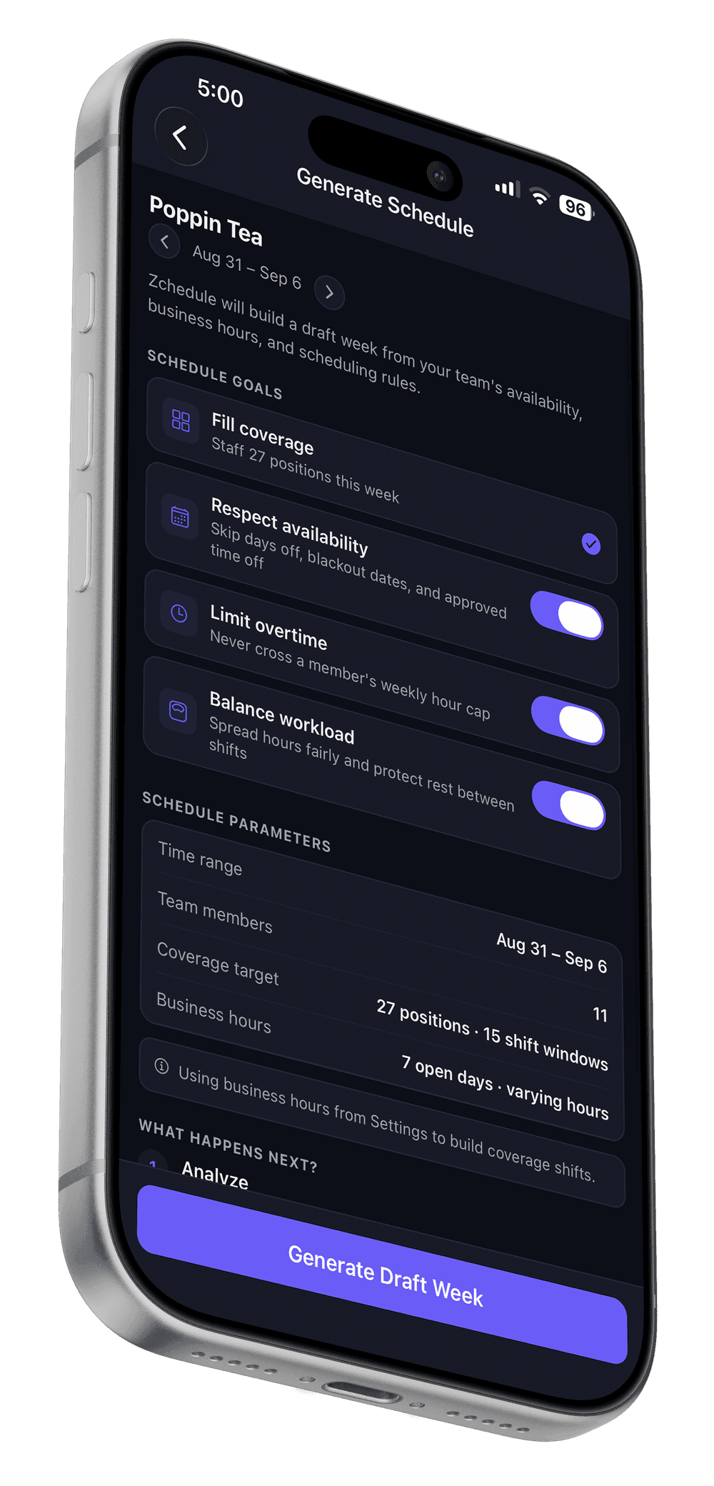 Generating a draft week in the Zchedule app with Respect availability, Avoid overtime and Balance hours fairly switched on, about to create 27 draft shifts.