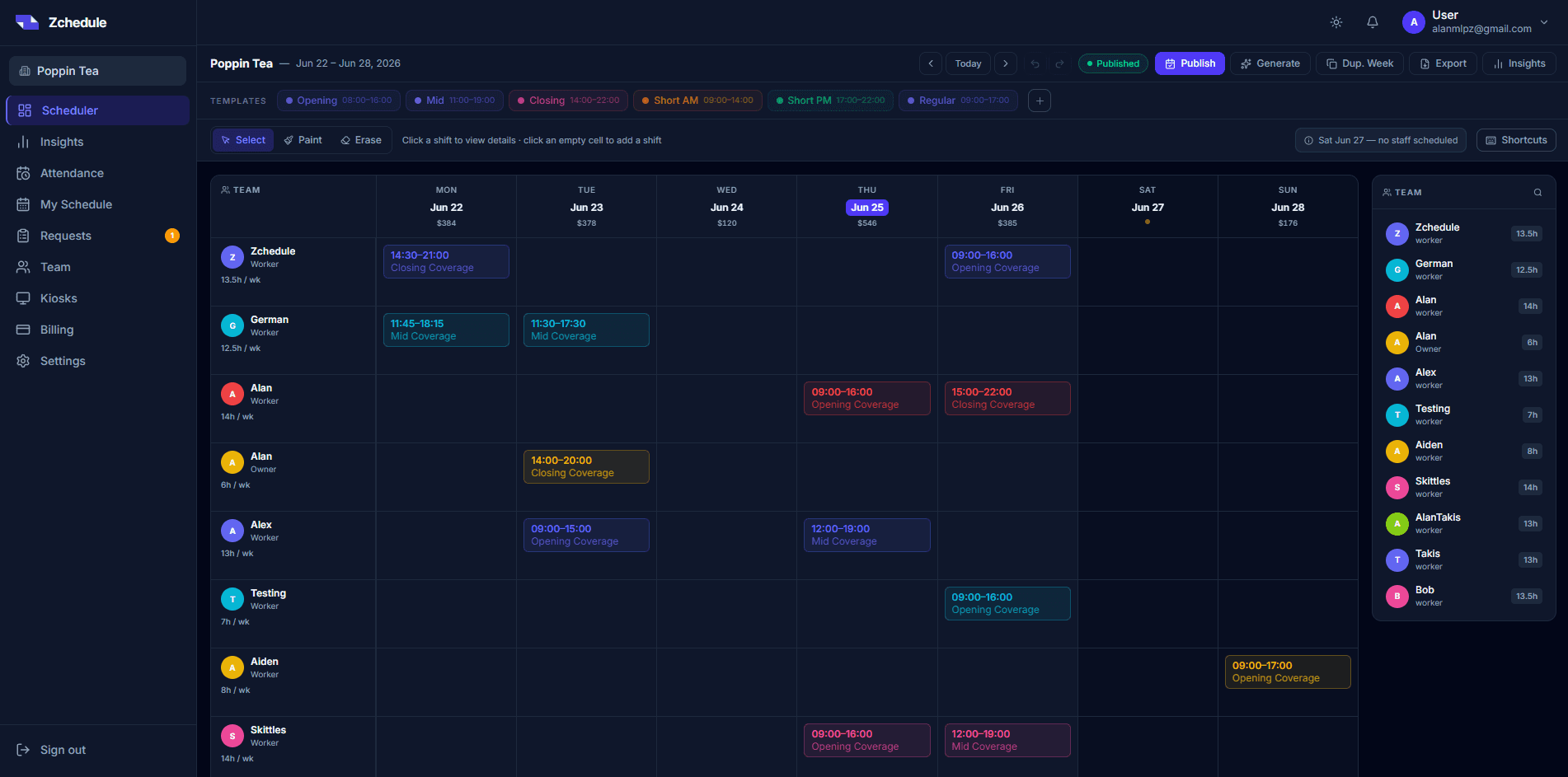 The Zchedule scheduler with each day's labor cost under the date: $384 Monday, $378 Tuesday, $120 Wednesday.