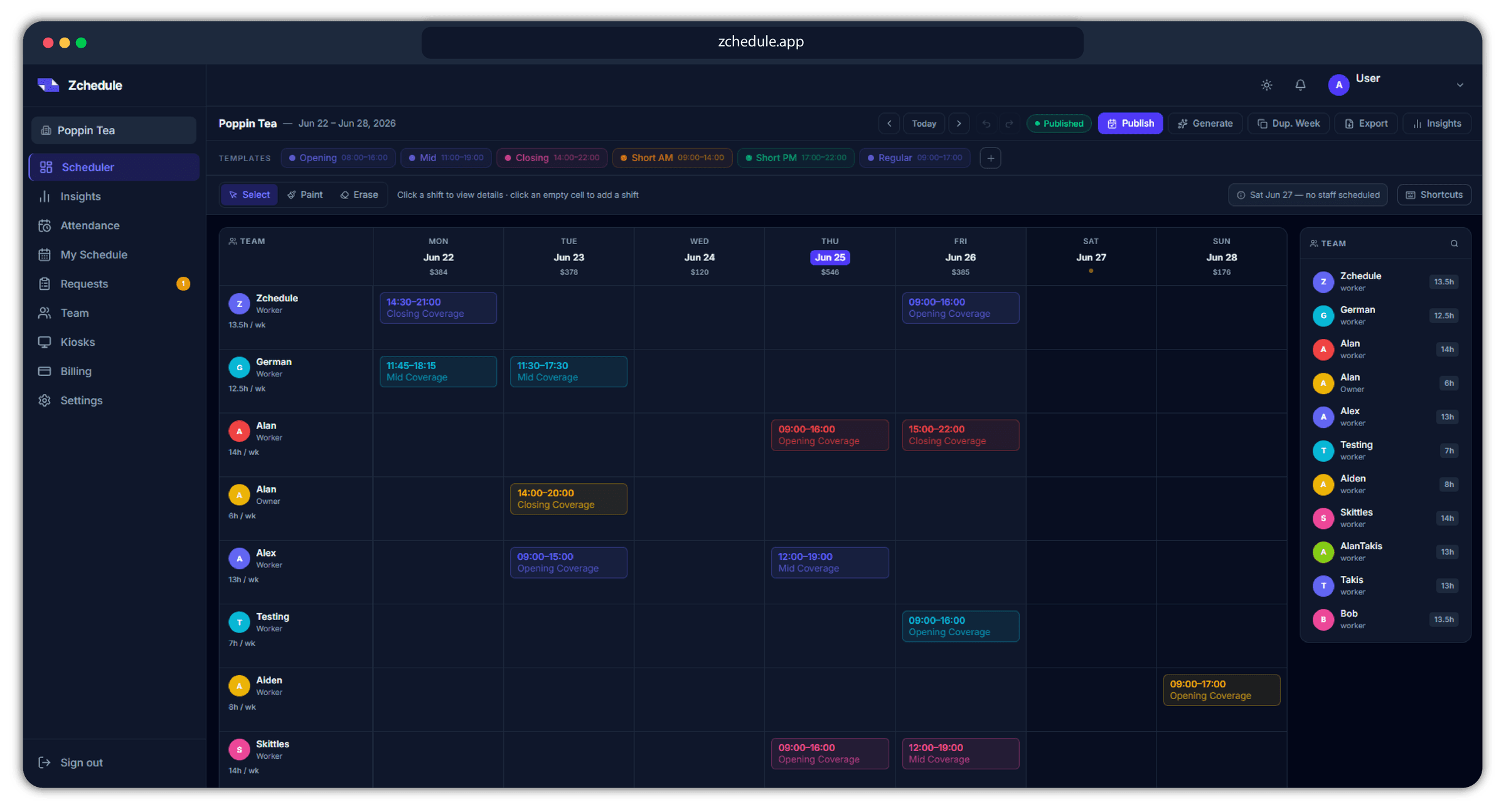 The Zchedule weekly board with Opening, Mid and Closing shift templates and a warning that Saturday has no staff scheduled.